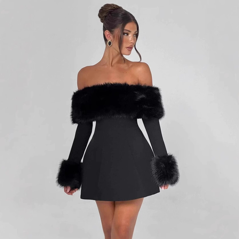 Zara New Winter Fur Trim Bardot High Waist Bodycon Dress